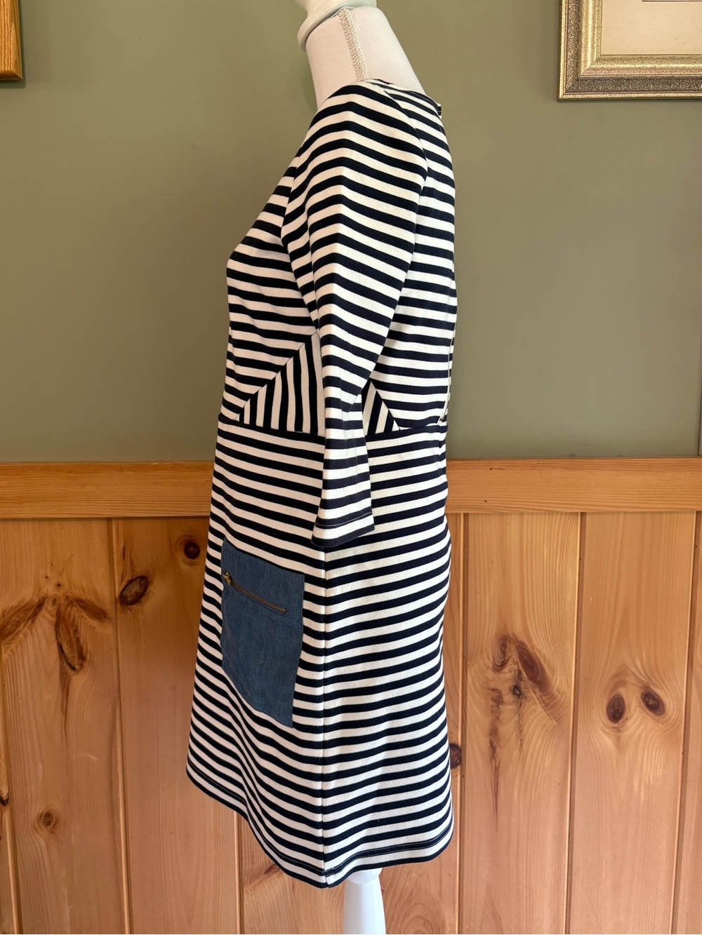 Tabitha Black and White Striped Midi Dress with Denim Patch Pockets - Picture 3 of 13